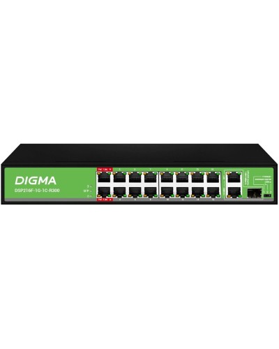 DSP216F-1G-1C-R300 (L2) 16х100Мбит/с 1х1Гбит/с 1хКомбо(1000BASE-T/SFP) 16PoE 16PoE+ 2PoE++ 300W. Коммутатор с питанием по PoE. Digma в Абакане