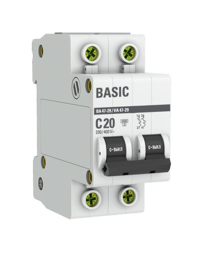 Автоматический выключатель 2P 20А (C) 4,5кА ВА 47-29 Basic (mcb4729-2-20C). Автоматический выключатель. EKF в Абакане