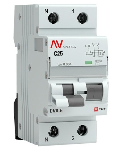 DVA-6 1P+N 25А (C) 30мА (AC) 6кА  AVERES (rcbo6-1pn-25C-30-ac-av). Автоматический выключатель дифференциального тока. EKF в Абакане