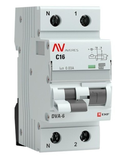 DVA-6 1P+N 16А (C) 30мА (A) 6кА  AVERES (rcbo6-1pn-16C-30-a-av). Автоматический выключатель дифференциального тока. EKF в Абакане