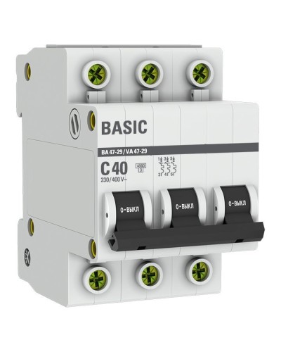 Автоматический выключатель 3P 40А (C) 4,5кА ВА 47-29 Basic (mcb4729-3-40C). Автоматический выключатель. EKF в Абакане