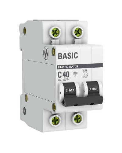 Автоматический выключатель 2P 40А (C) 4,5кА ВА 47-29 Basic (mcb4729-2-40C). Автоматический выключатель. EKF в Абакане