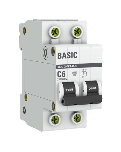 Автоматический выключатель 2P 6А (C) 4,5кА ВА 47-29 Basic (mcb4729-2-06C). Автоматический выключатель. EKF в Абакане