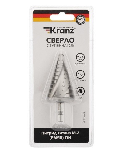 Сверло по металлу ступенчатое ТИТАН 9,0-36,0 мм 110 mm 65 HRC Р6М5 TiN Kranz (KR-12-6614): Сверло по металлу шлифованное в Абакане