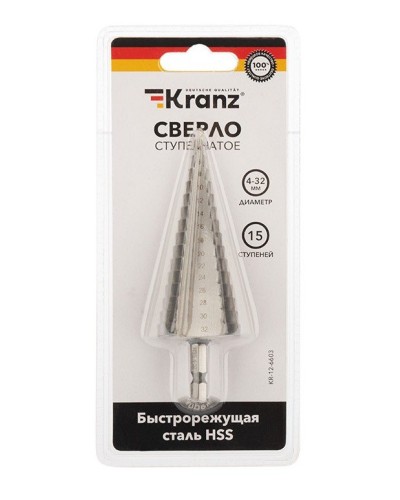 Сверло по металлу ступенчатое 4,0-32,0 мм 102 mm 62 HRC Kranz (KR-12-6603): Сверло по металлу шлифованное в Абакане