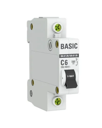 Автоматический выключатель 1P 6А (C) 4,5кА ВА 47-29 Basic (mcb4729-1-06C). Автоматический выключатель. EKF в Абакане