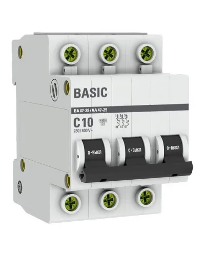 Автоматический выключатель 3P 10А (C) 4,5кА ВА 47-29 Basic (mcb4729-3-10C). Автоматический выключатель. EKF в Абакане