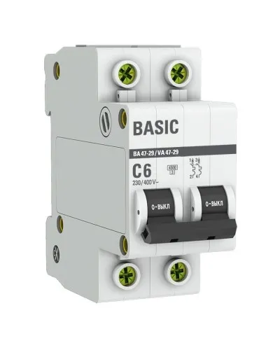 Автоматический выключатель 2P 6А (C) 4,5кА ВА 47-29 Basic (mcb4729-2-06C). Автоматический выключатель. EKF в Абакане