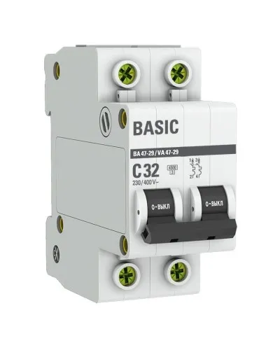 Автоматический выключатель 2P 32А (C) 4,5кА ВА 47-29 Basic (mcb4729-2-32C): Автоматический выключатель в Абакане