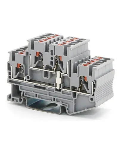 Клемма двухуровневая, зажим push-in, 2.5 кв.мм, серая (VPRTT-2.5-PV-GY). Клемма проходная, 4 точки подключения, уровни соединены перемычкой. ДКС в Абакане